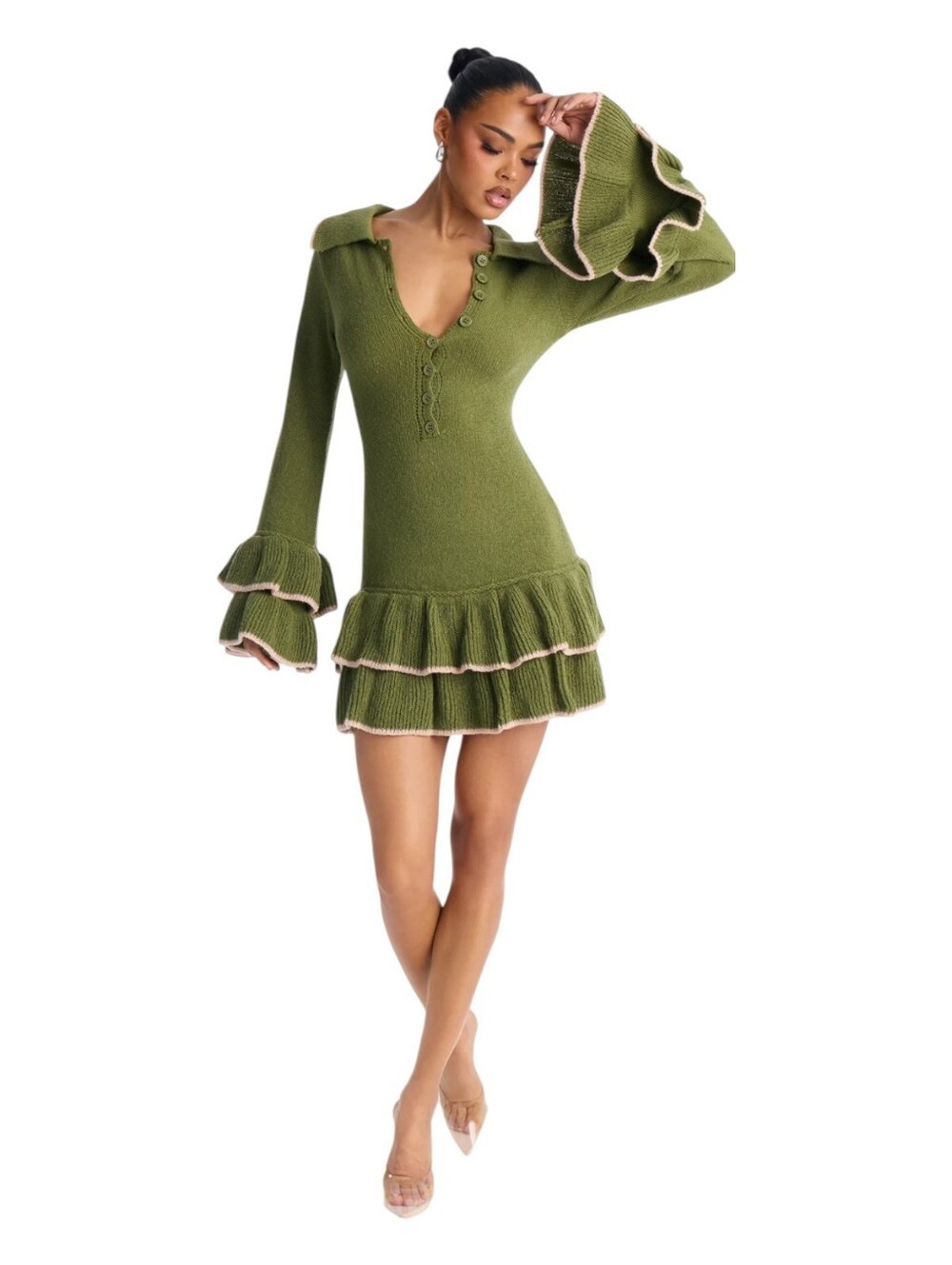 Fashion Nova Sweater Dress Ruffle Hem Olive Pink Mini Small
